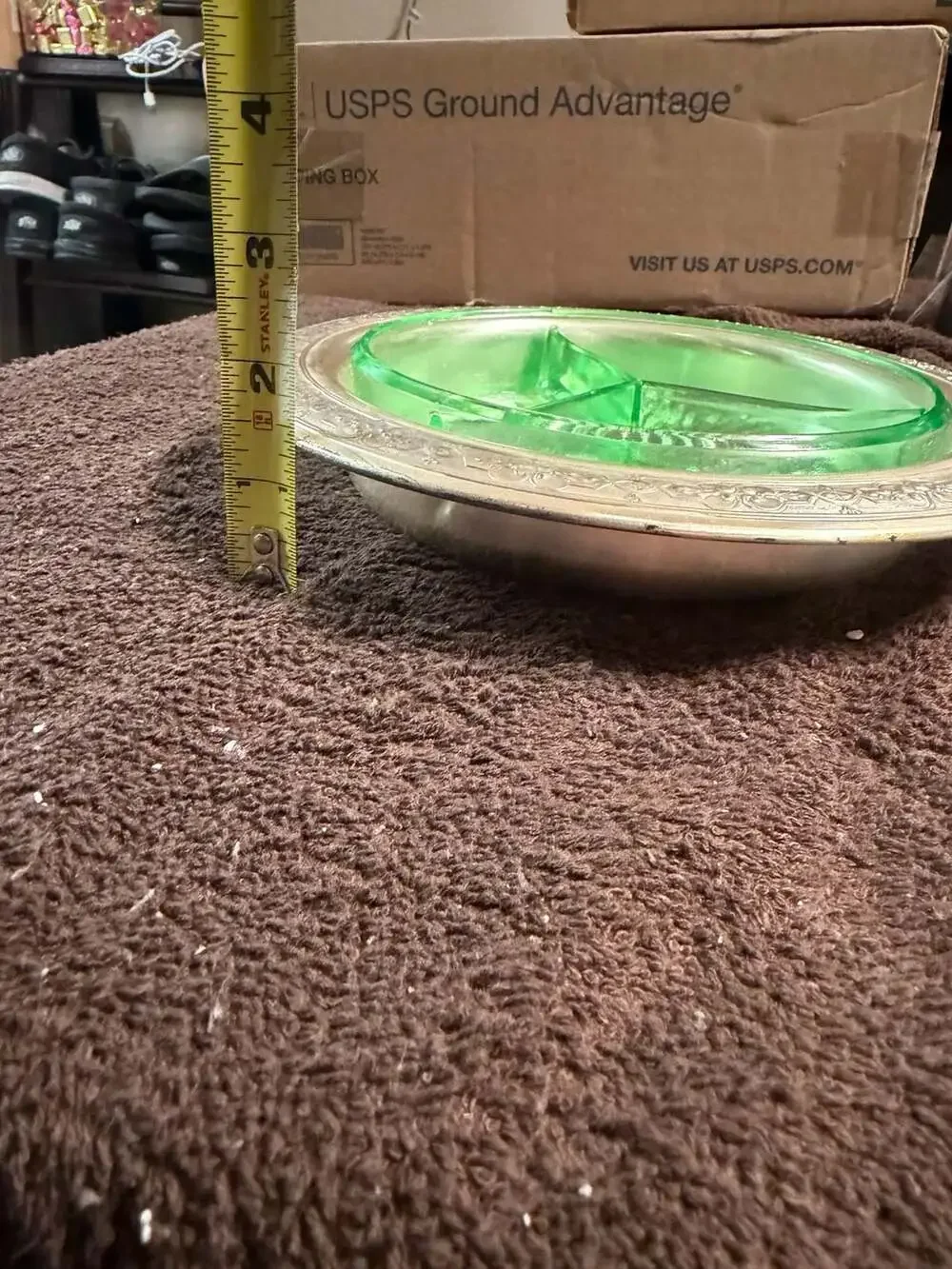 Rare Vintage 2-Piece Uranium Glass Dish with Benedict Indestructo Metal Caddy